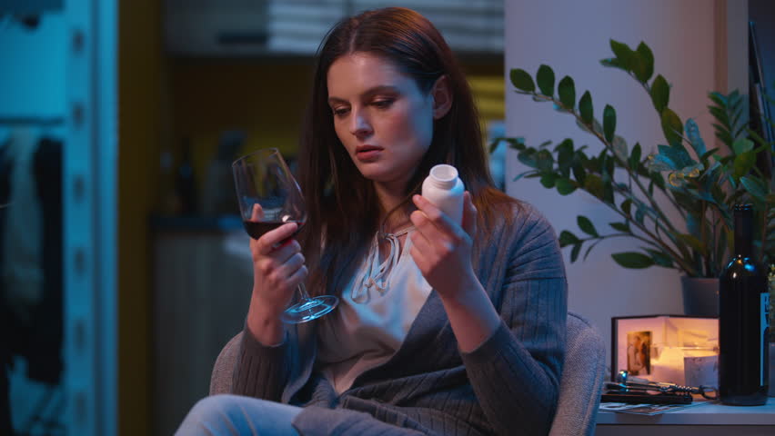 Sad woman thinking difficult choice drink wine or pills drugs unwell girl drinking antibiotic health problem disease upset frustrated Caucasian girl drinking alcohol painkiller addiction home night
