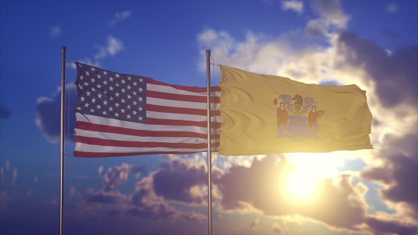 Flags of USA and New Jersey Fluttering in Golden Evening Light