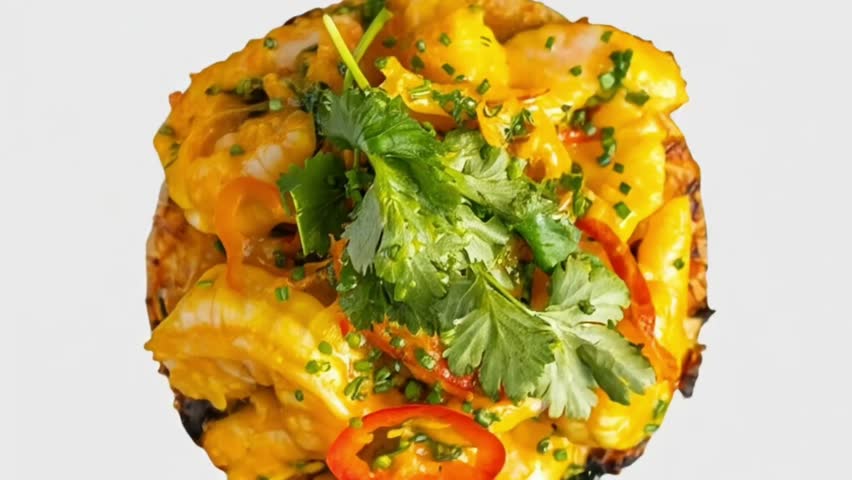 taco or tostada with shrimp filling and abundant cheese or yellow cream sauce, garnished with red bell pepper and fresh cilantro leaves