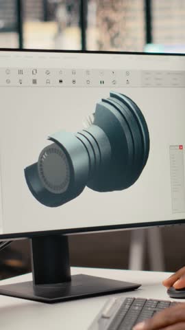 Engineer in office working on wind turbine CAD design to develop technology improving environmental performance. RD expert coming up with innovative materials for wind energy generator, camera B