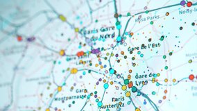 Paris public transport computer network with colorful data points in motion. Concept of urban mobility, transport infrastructure, city planning and modern smart data analysis - Powered by Shutterstock - Get 15% off with code: PIKWIZARD15