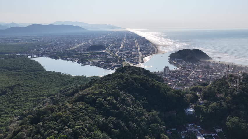 Itanhaem Skyline In Itanhaem Sao Paulo Brazil. Aerial View Of A Bustling City With High-Rise Buildings And Traffic. Paradise Landscape Leisure Stunning. Paradise Summertime. Itanhaem Sao Paulo.