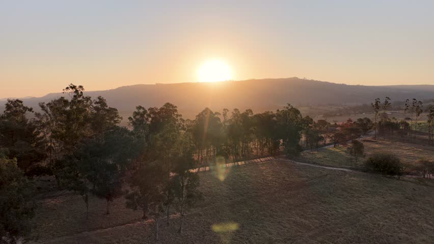 Dramatic Sunset In Green Valley Mococa Brazil. Birds Eye View Of Peaceful Mountains Valley And Forest Trees. Countryside Agriculture Field Rural Field. Countryside Rural Sky. Green Valley Mococa.