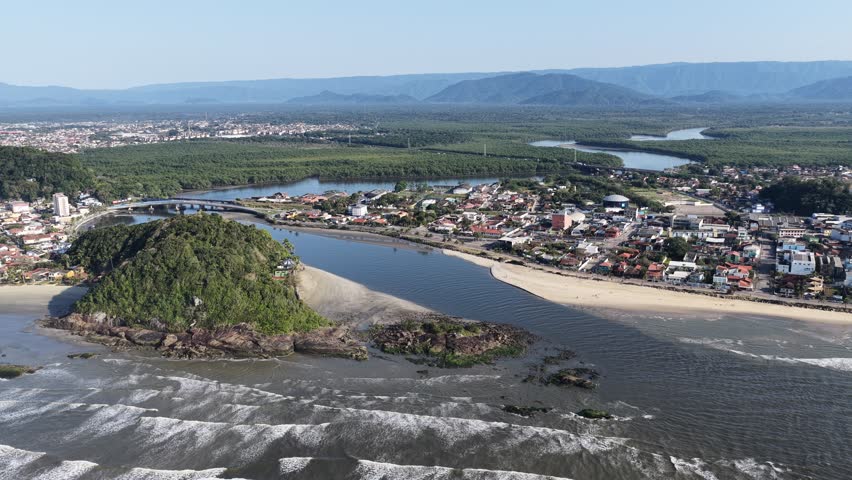 Itanhaem Skyline In Itanhaem Sao Paulo Brazil. Capturing The Hustle And Bustle Of A Vibrant City From Above. Shore Sky Clouds Beach Sea. Shore Panoramic. Itanhaem Sao Paulo.
