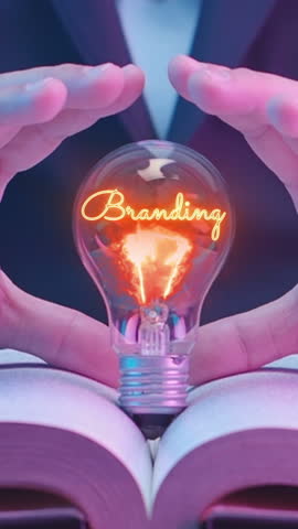 Businessman hand shows glowing light bulb with shining fibers in a shape of text branding. Brand, identity, value, marketing and trust idea concept. Vertical HD video motion graphic animation.