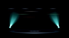 Dark stage background with dual teal spotlights shining on a glowing concentric circle platform. Dynamic light trails above suggest motion or data, ideal for tech or product display. - Powered by Shutterstock - Get 15% off with code: PIKWIZARD15