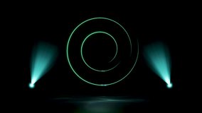 Abstract background with a glowing neon green spiral centered on a dark stage, illuminated by two teal spotlights. Dynamic light beams reflect on the floor, creating a futuristic effect. - Powered by Shutterstock - Get 15% off with code: PIKWIZARD15