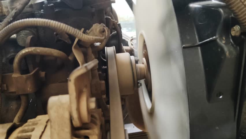 Mechanical components of a car engine, showing the radiator, cooling hoses, and wiring system in operation