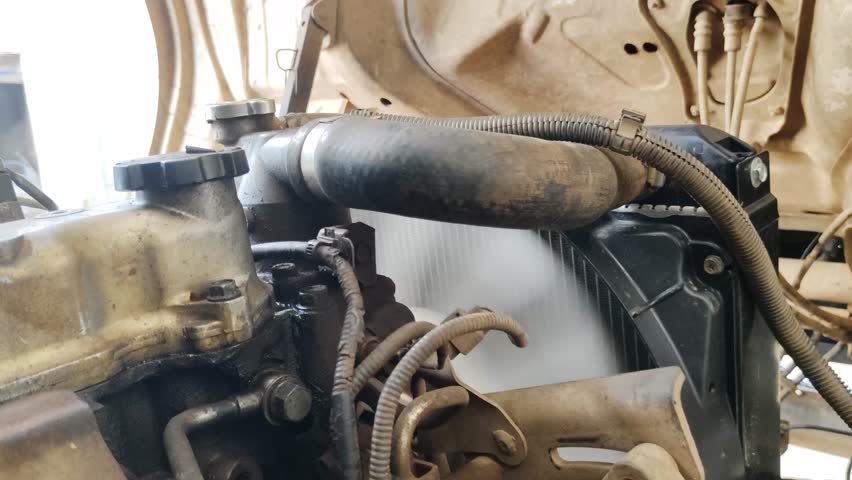 Mechanical components of a car engine, showing the radiator, cooling hoses, and wiring system in operation