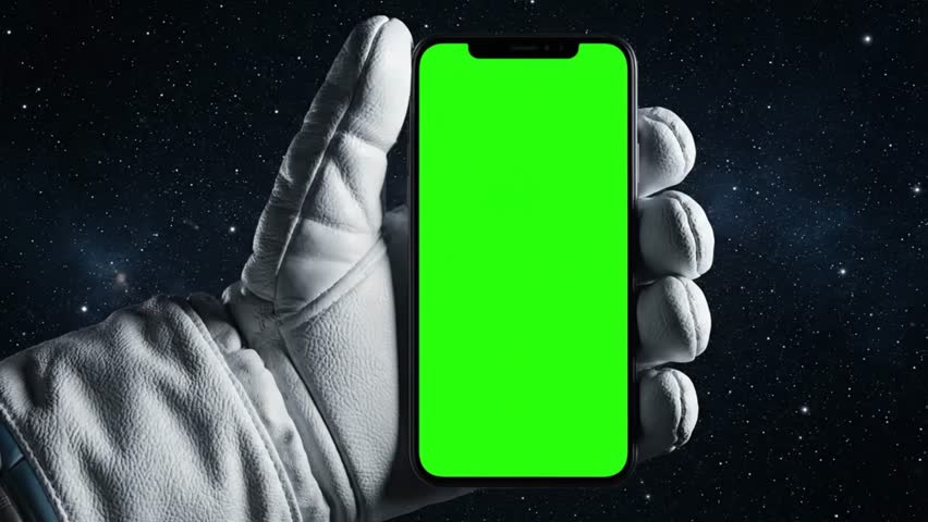 Astronaut Hand Holding Smartphone with Green Screen in Outer Space 4k quality 