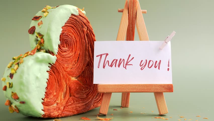 THANK YOU text thanksgiving day Delightful and vibrant heartshaped pastry croissant treat, beautifully topped with colorful frosting nut galore. Mock up template copy space. Food experimentation viral