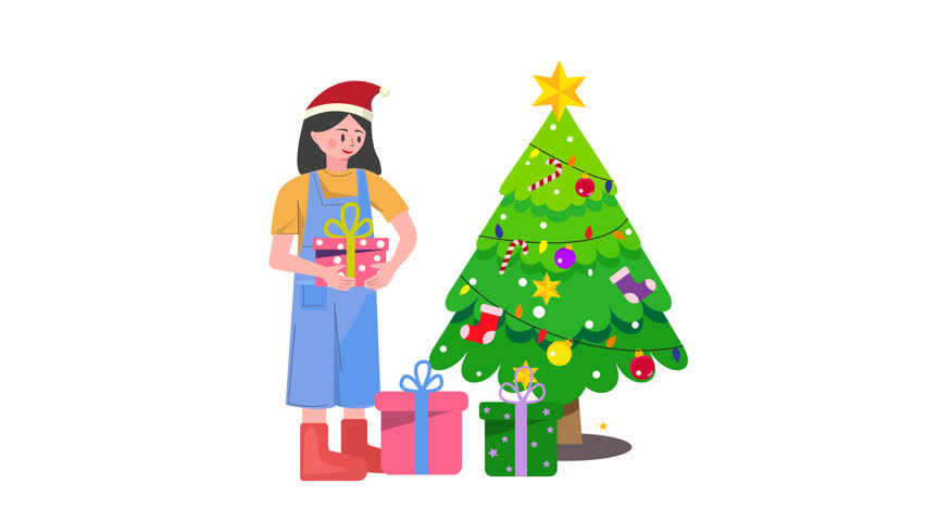  Christmas tree and gifts with girl animated icon,4k video,Christmas tree,Christmas