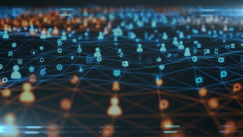 People connected online through technology data sharing animation
