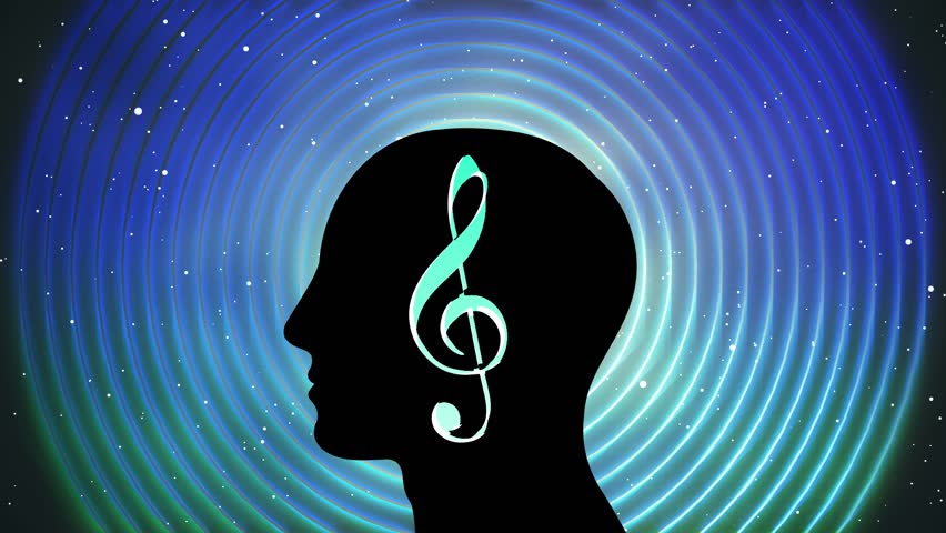 Silhouette of a person's head with musical notation symbol effect