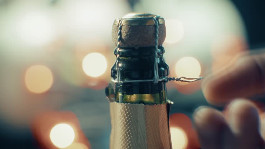  Champagne Bottle Cork And Cage, Hand Opening Sparkling Wine. Celebration And Party, Holiday Event, New Year's Eve. Festive Occasion, Luxury Beverage, Bubbly Drink. Alcohol And Spirits Party Time