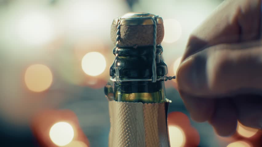  Champagne Bottle Cork And Cage, Hand Opening Sparkling Wine. Celebration And Party, Holiday Event, New Year's Eve. Festive Occasion, Luxury Beverage, Bubbly Drink. Alcohol And Spirits Party Time