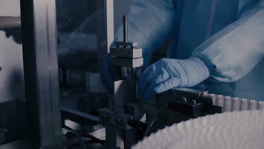 A technician wearing gloves operates precision equipment in a sophisticated pharmaceutical manufacturing environment. The process highlights innovation in the medicine industry.