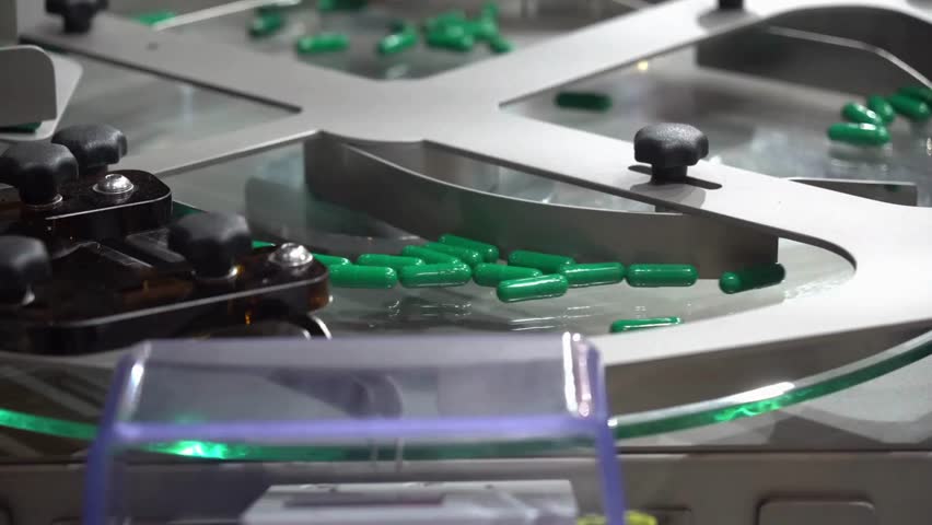 View the efficient operation at a pharmaceutical plant where green capsules are processed on a conveyor belt, showcasing the medication packaging process in action.