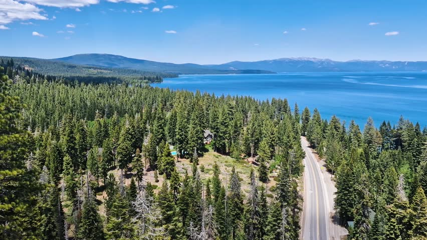 Lake Tahoe and Road Between Pines on Sunny Day, Lookout Point of View, California and Nevada USA
