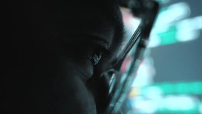 Close-up Reflection green code in lenses of glasses and eye of Male programmer works late at night, focusing on software development, coding, and cybersecurity analysis. - Powered by Shutterstock - Get 15% off with code: PIKWIZARD15