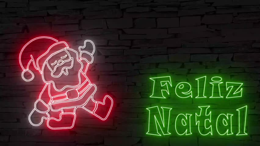 Feliz Natal (Portuguese Merry Christmas) silhouette of Santa Claus dancing illuminated 3d illustration retro neon signs on dark brick wall background, cute Christmas wishes 10s 4k video sstkChristmas