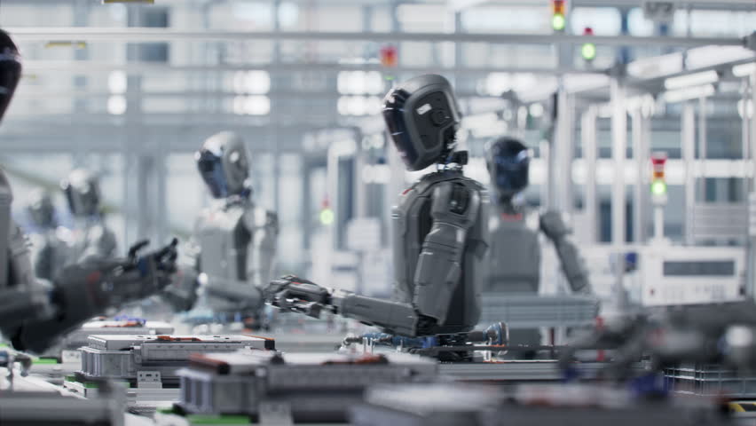 3D Animation: Industrial Automation AI Accelerated: Advanced Robot Working on Complex Detail in Industrial Environment. Autonomous AI Powered Humanoid Robots Work at Factory on Assembly Line. 