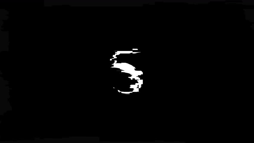 5 second Countdown Timer with glitch effect on black background animation. 4k Video
