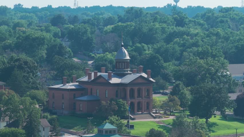 Telephoto panning shot of the historic Washington County Courthouse in Stillwater, Minnesota. 4K
