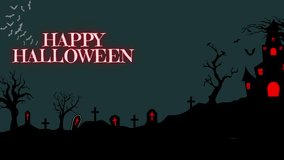Creepy 4K Halloween animation background featuring glowing jack-o’-lantern pumpkins, haunted house, scarecrow with pumpkin head, cemetery, and spooky “Happy Halloween” text. - Powered by Shutterstock - Get 15% off with code: PIKWIZARD15