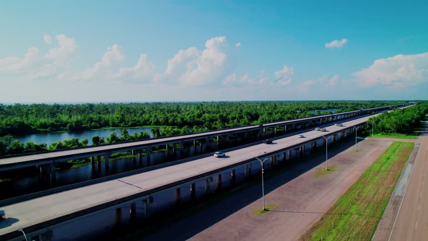 Louisiana wetlands with a highway bridge spanning rivers, highlighting the ecosystem.