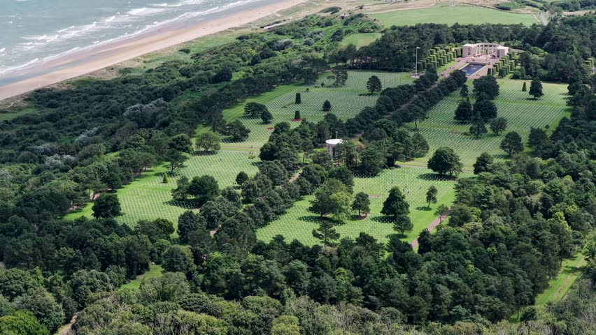 Aerial view of D-Day Cemetery of the WW2 D-Day Graves in Normandy, France - American World War 2 Cemetery and Memorial	