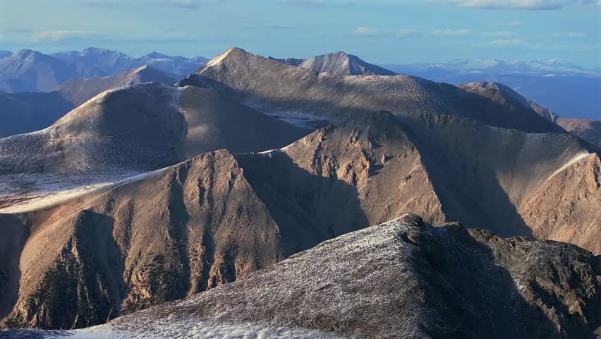 Mt Mount Shavano Taeguache Peak aerial drone Colorado Collegiate peaks golden hour Rocky Mountains horizon snow dusting Huron Peak Mt Elbert Sawatch Range above treeline fall autumn parallax right