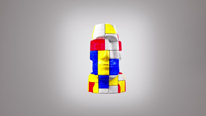 3D animation of fragmented colorful statue head breaking apart and reassembling in abstract motion. 3D Illustration