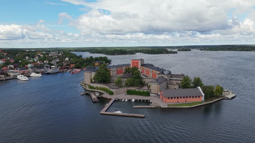 Aerial view of Vaxholm fortress and Vaxholm city in the Swedish archipelago. Vaxholm is a city, urban area and the seat of Vaxholm Municipality, Stockholm County, Sweden.
