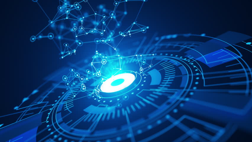 Abstract loop animation of a digital network forming over a glowing tech circle. Ideal for AI, innovation, and High Tech themes.