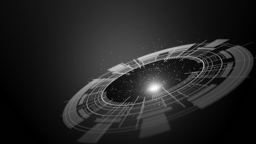 Looping abstract animation of a circular HUD with glowing cosmic particles, representing deep space and advanced digital technology.