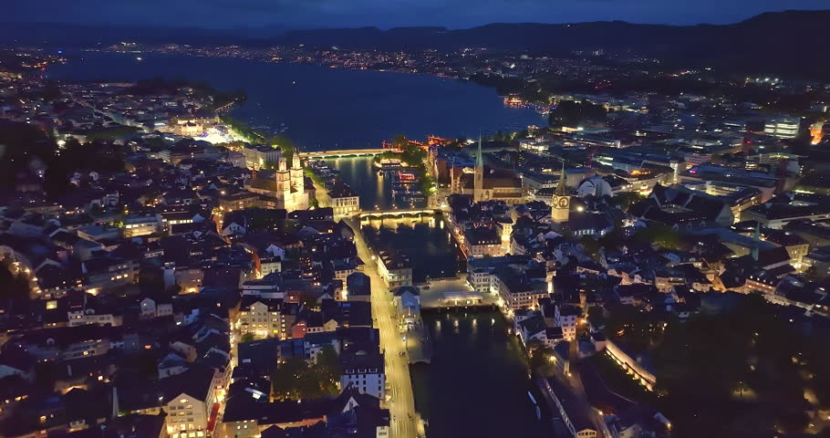 Aerial view of Zurich city with night illuminated. Switzerland