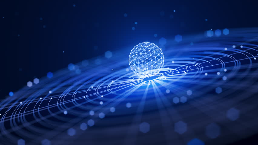 Looped Sci Fi animation of a glowing digital sphere over futuristic blue grid waves, symbolizing technology, AI, data flow, and innovation in a cosmic style. - Powered by Shutterstock - Get 15% off with code: PIKWIZARD15