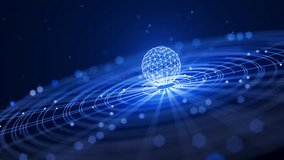 Looped Sci Fi animation of a glowing digital sphere over futuristic blue grid waves, symbolizing technology, AI, data flow, and innovation in a cosmic style. - Powered by Shutterstock - Get 15% off with code: PIKWIZARD15