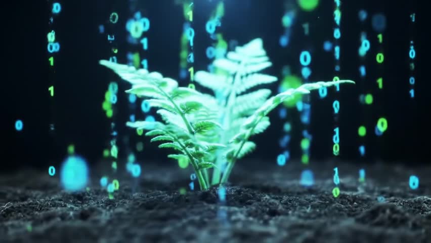 Futuristic biotechnology concept. A digital green plant grows from soil, integrated with glowing binary code for agricultural innovation. - Powered by Shutterstock - Get 15% off with code: PIKWIZARD15