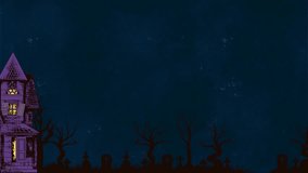 Creepy Halloween 4K looping animation featuring a haunted house, full moon, flying bats, zombie, tree, spider web, and pulsating tombstone effect. Horror background for Halloween party video. - Powered by Shutterstock - Get 15% off with code: PIKWIZARD15