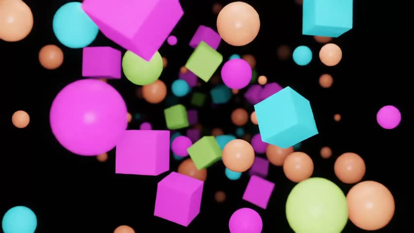 Vibrant 3D geometric shapes of cubes and spheres floating in a dynamic abstract composition on a black background