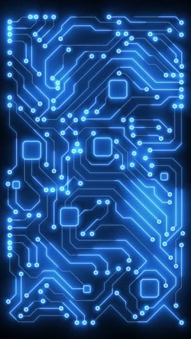 A vertical animation of a futuristic blue circuit board pattern with flowing light, ideal for technology, digital, and electronic themes.