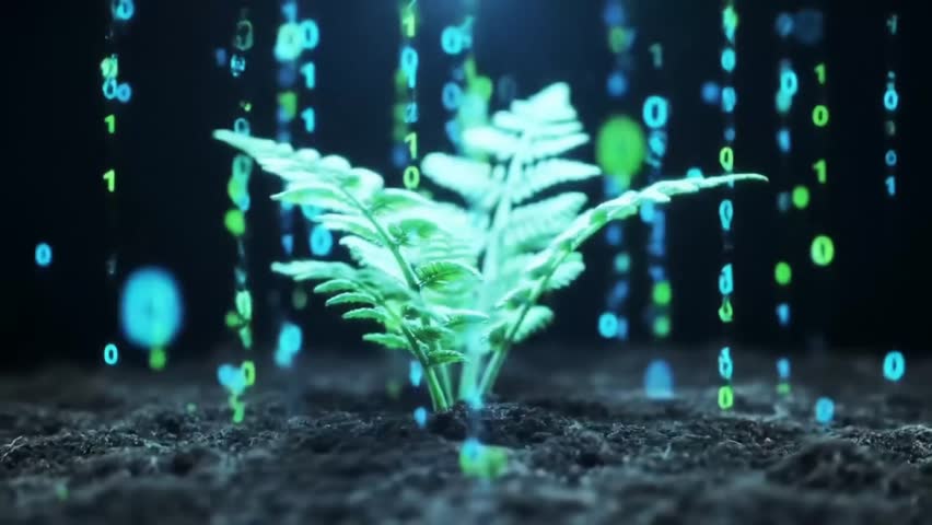 Futuristic biotechnology concept. A digital green plant grows from soil, integrated with glowing binary code for agricultural innovation. - Powered by Shutterstock - Get 15% off with code: PIKWIZARD15