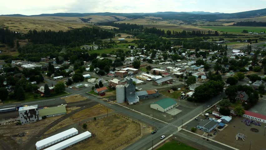 US, Oregon, Elgin, 2025-08-07 - Drone view of the city in Summer