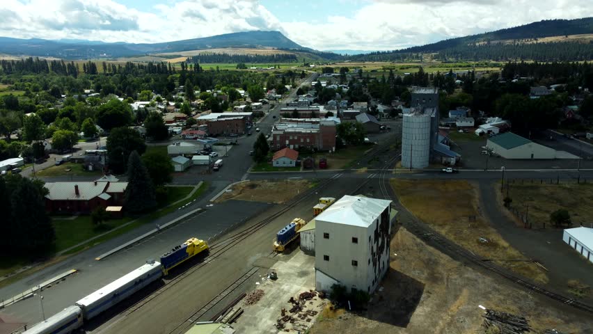 US, Oregon, Elgin, 2025-08-07 - Drone view of the city in Summer