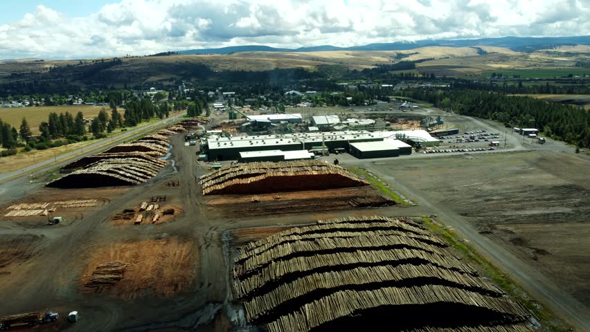 US, Oregon, Elgin, 2025-08-07 - Drone view of the Boise Cascade Plywood Mill