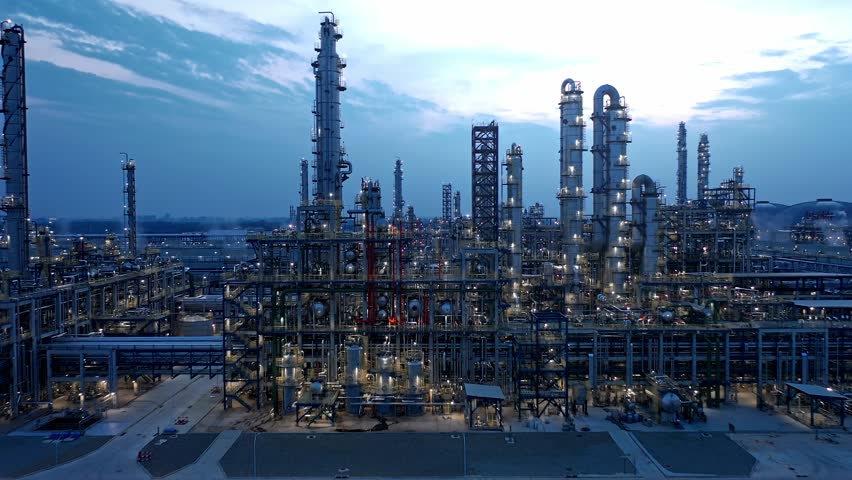 petroleum oil refinery in industrial estate at night, drone aerial view. Fuel and power generation, petrochemical factory industry, or environmental air pollution concept