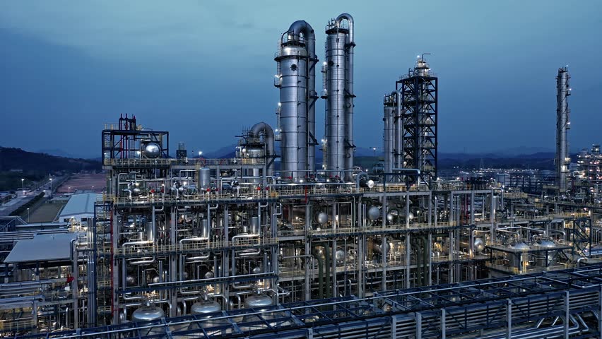 petroleum oil refinery in industrial estate at night, drone aerial view. Fuel and power generation, petrochemical factory industry, or environmental air pollution concept