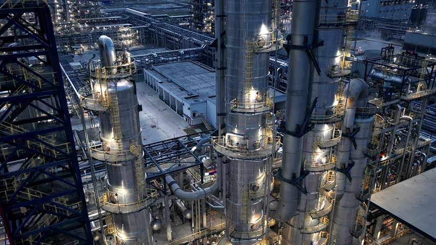 petroleum oil refinery in industrial estate at night, drone aerial view. Fuel and power generation, petrochemical factory industry, or environmental air pollution concept